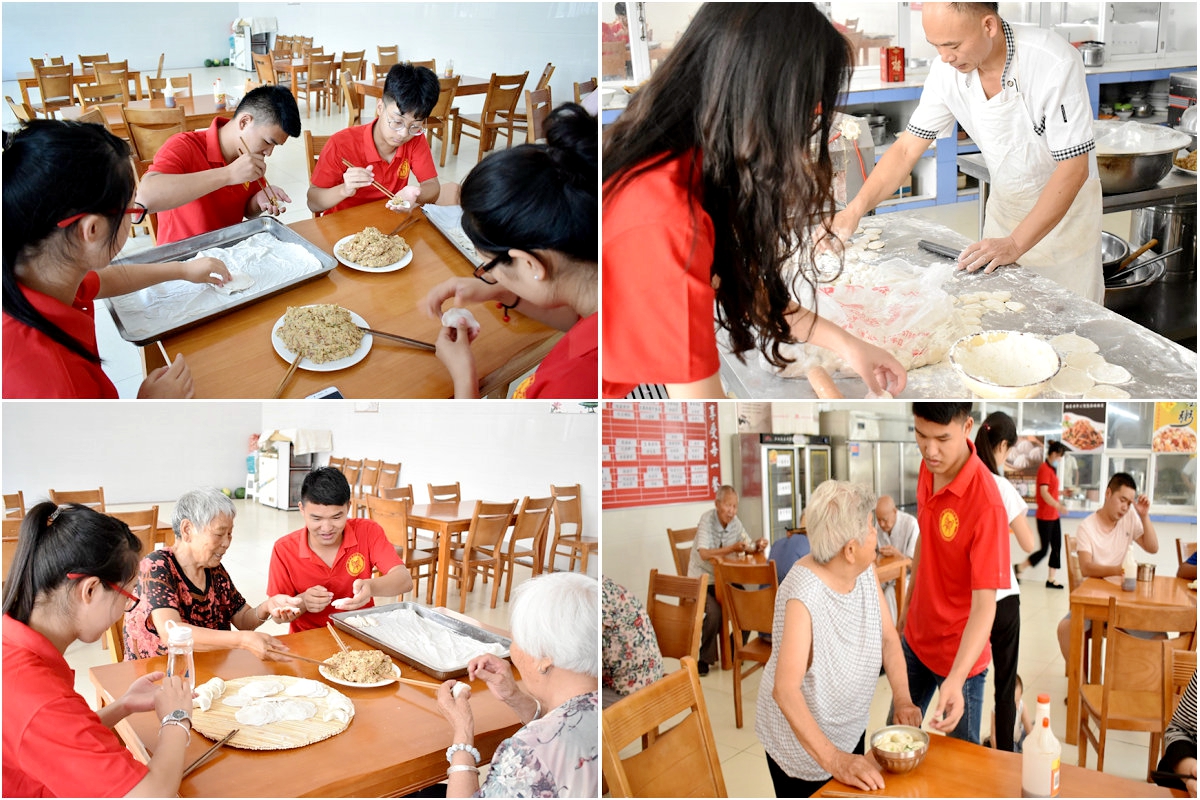 关爱老人实践队员与老人一起包饺子
